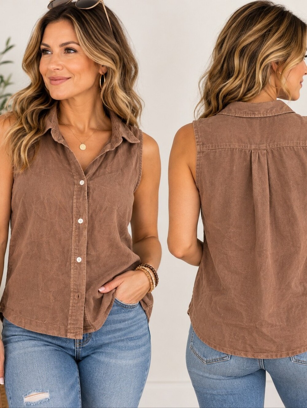 GAP Linen Blend Sleeveless Shirt M Coastal Casual Minimalist Earthy Neutral